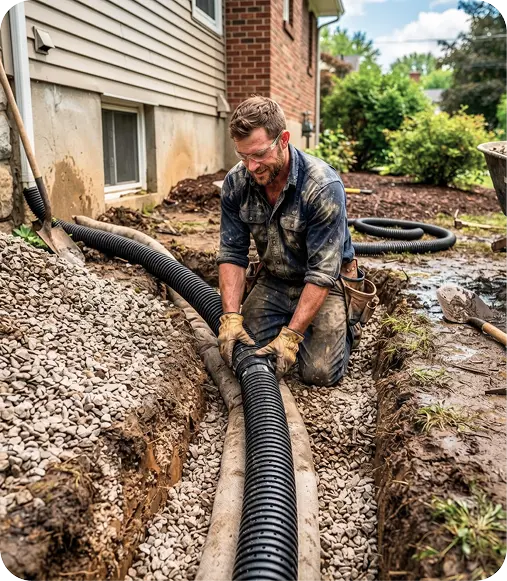 Drainage professional installing underground drainage pipe beside a home